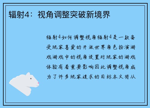 辐射4：视角调整突破新境界